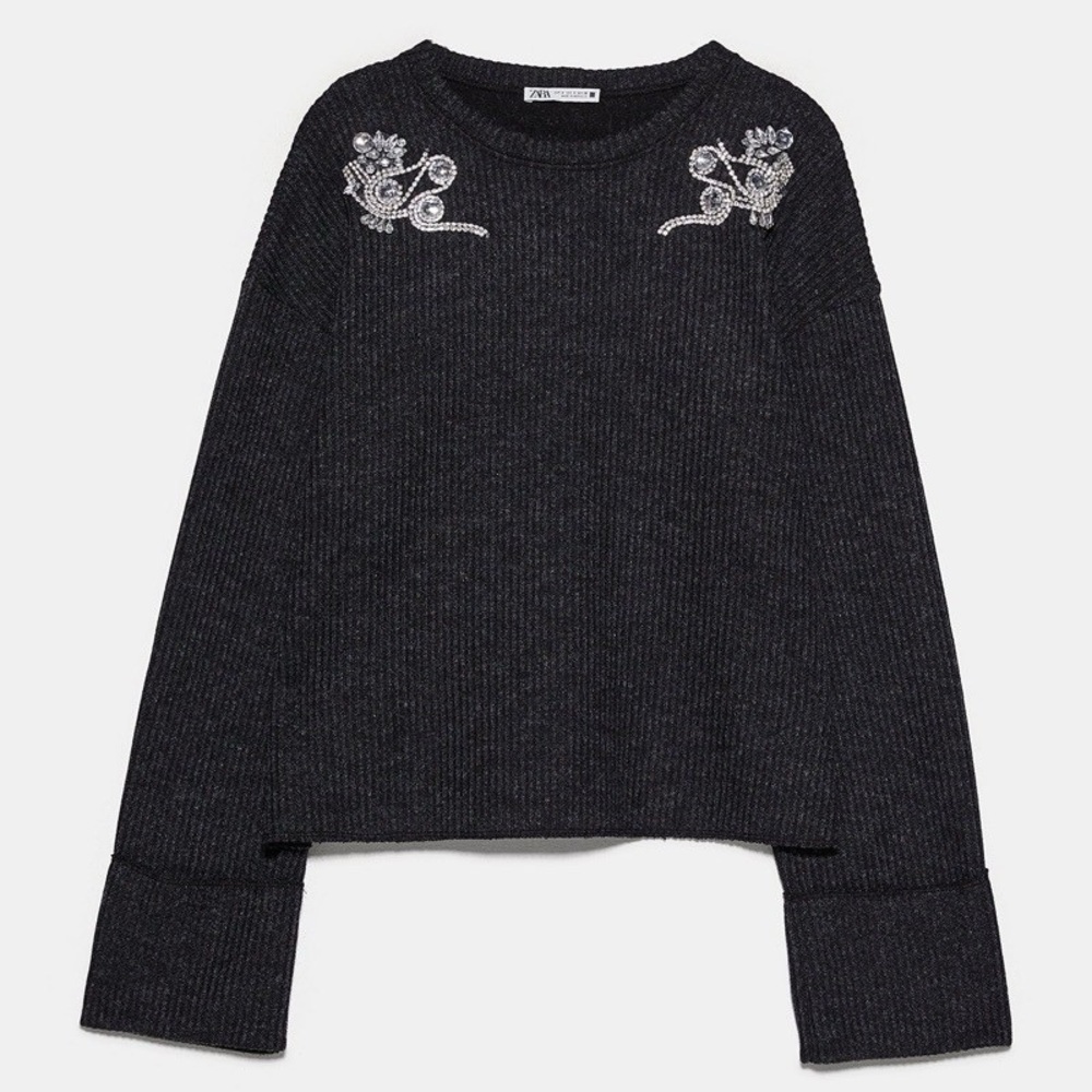 Zara Dark Grey Sweater with Embroidered Details - Size Large - NWT
